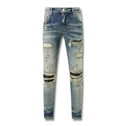 Jean slim skinny droit pour homme 8602, denim déchiré non élastique avec déchirures aux genoux