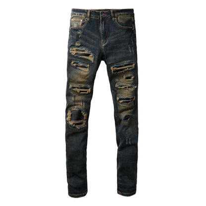 Jean slim stretch noir avec délavage vintage et détails en similicuir 8832