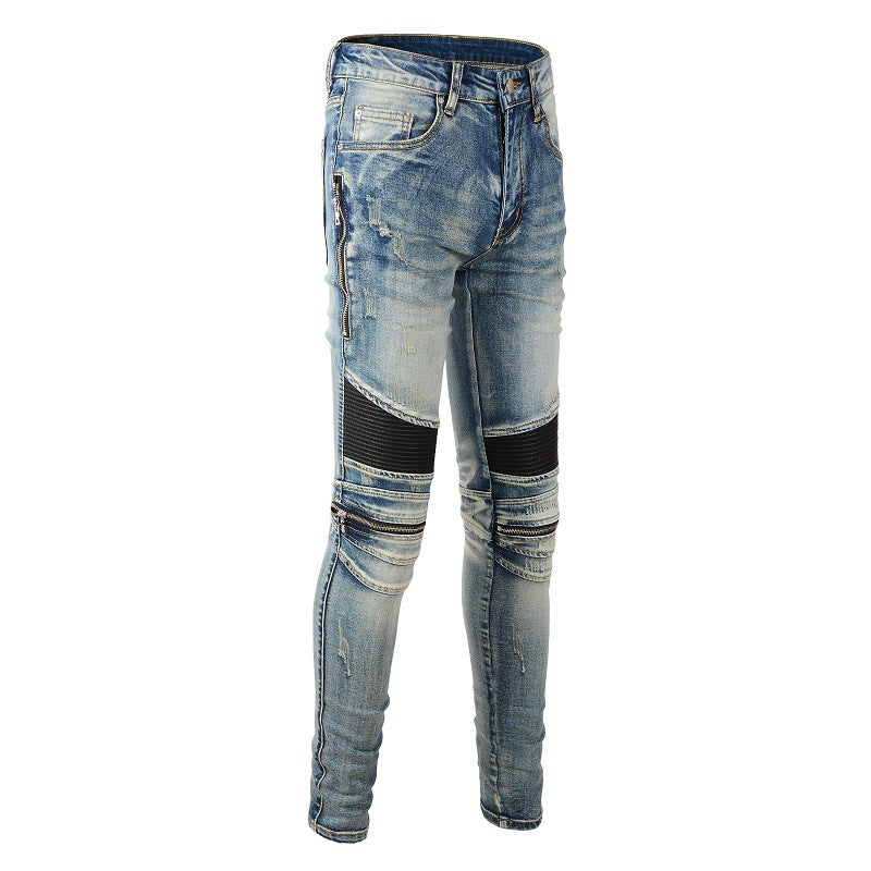 Korean Version Slim fit Locomotive Jeans High Street Jeans Zipper Sticker Splicing Jeans 606