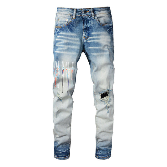 Street Print Letter Ripped Denim Casual Slim fitting Small footed Jeans #831