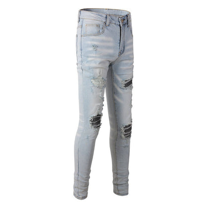 High Street Light Blue Patch Embroidery Flower Patch Slim Fit Ripped Jeans Men