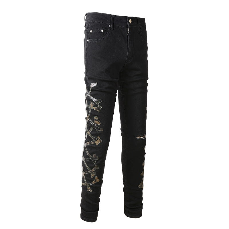 Jeans déchirés avec motif camouflage en cuir skinny #842 