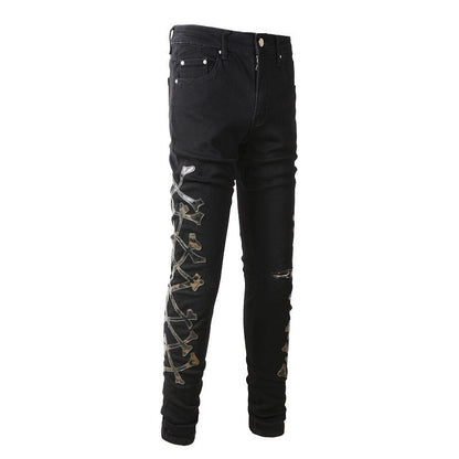Jeans déchirés avec motif camouflage en cuir skinny #842 