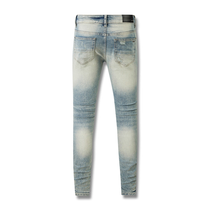 Jean déchiré High Street jaune boue avec vieux patch à fleurs de cajou 8803 