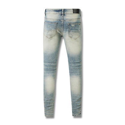 Jean déchiré High Street jaune boue avec vieux patch à fleurs de cajou 8803 