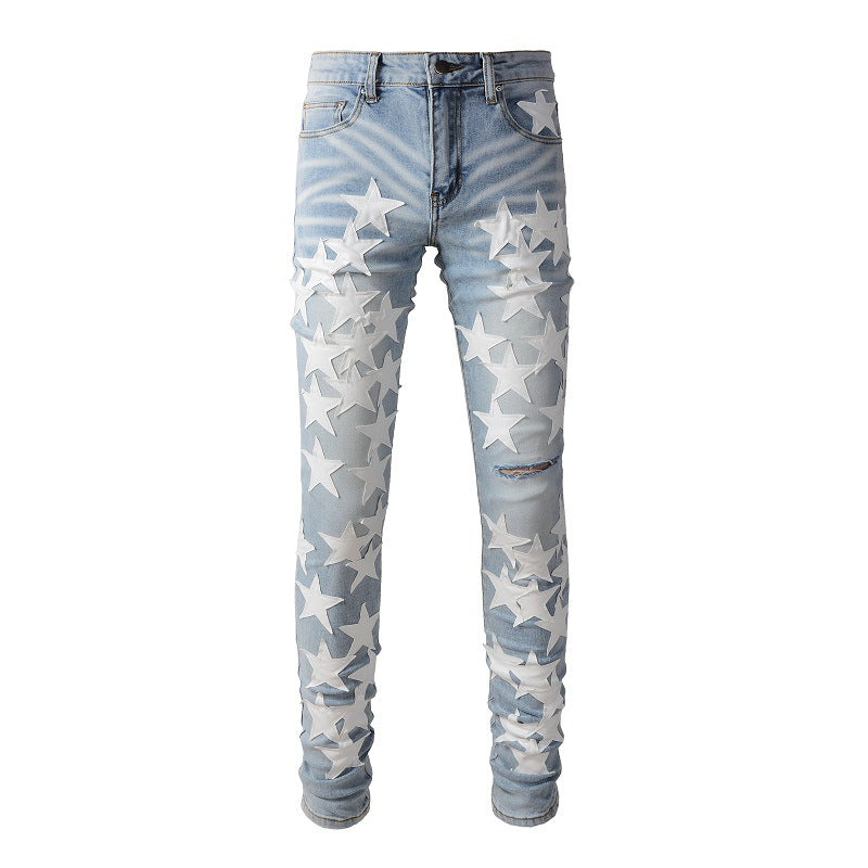 690 High Street Sticky White Star Jeans High Craft Elastic Slim Fit Small Foot Jeans