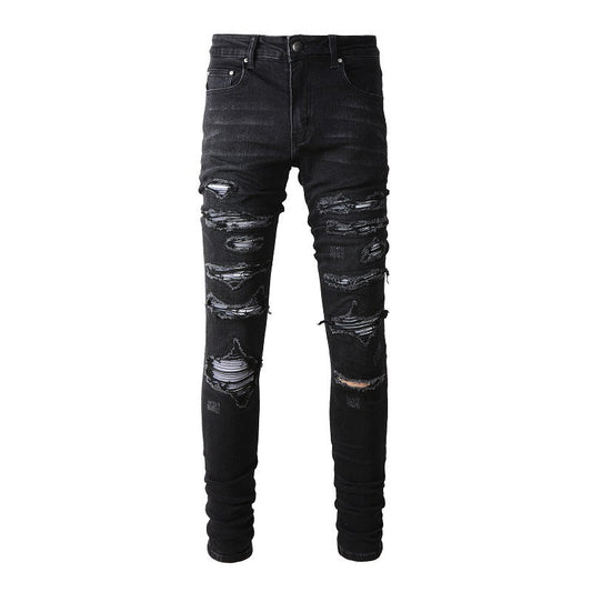 Street Ripped Patch Jeans High Street Men's Elastic Slim Pants (891-8833)