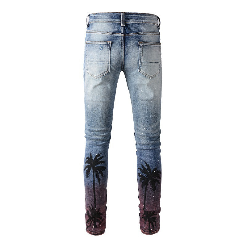 6597 Digital Printing Coconut Tree Pattern Spray Paint Ripped Jeans Elastic and Slim