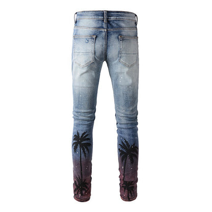 6597 Digital Printing Coconut Tree Pattern Spray Paint Ripped Jeans Elastic and Slim