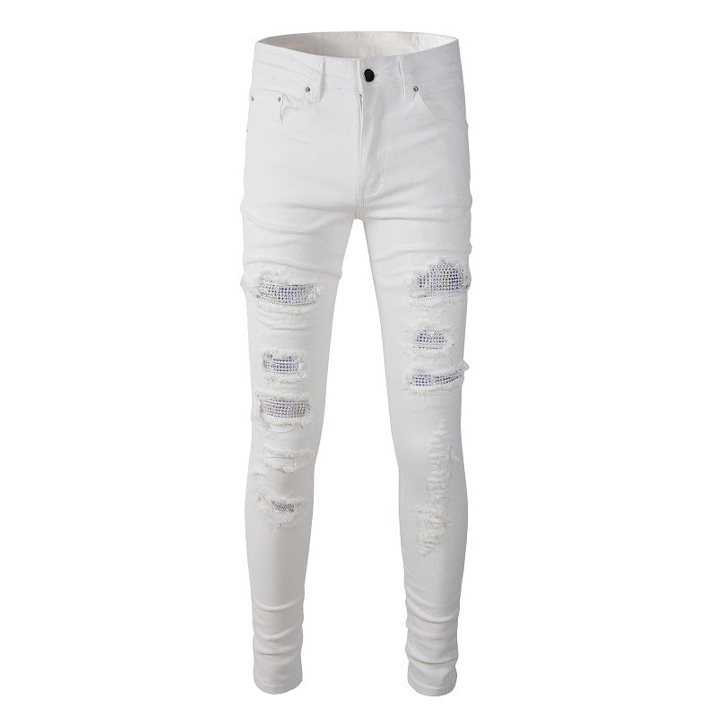 High Street Ripped Patch Diamond encrusted Elastic Slim fit White Jeans 625