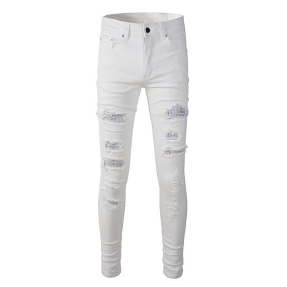 High Street Ripped Patch Diamond encrusted Elastic Slim fit White Jeans 625