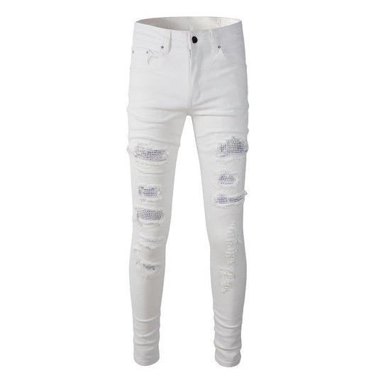 High Street Ripped Patch Diamond encrusted Elastic Slim fit White Jeans 625