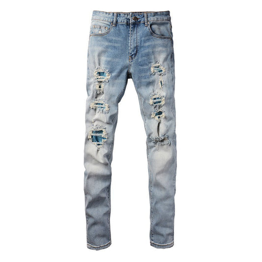 Blue Diamond Hot Diamond Jeans Ripped High Street Patch Stretch Slim Jeans