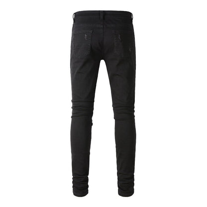 8538 High Street Ripped Patch Diamond encrusted Thin Men's Jeans Slim Fit