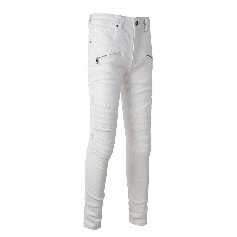 High Street Motorcycle Jeans Men's White Spliced Trousers Men #1100