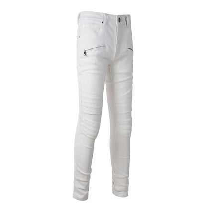 High Street Motorcycle Jeans Men's White Spliced Trousers Men #1100