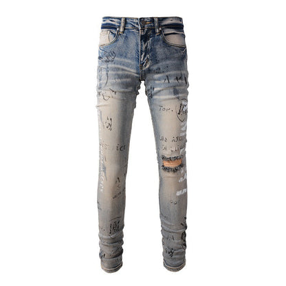 869 Street Spray Paint Colorful Letter Denim Cotton Youth Slim Jeans