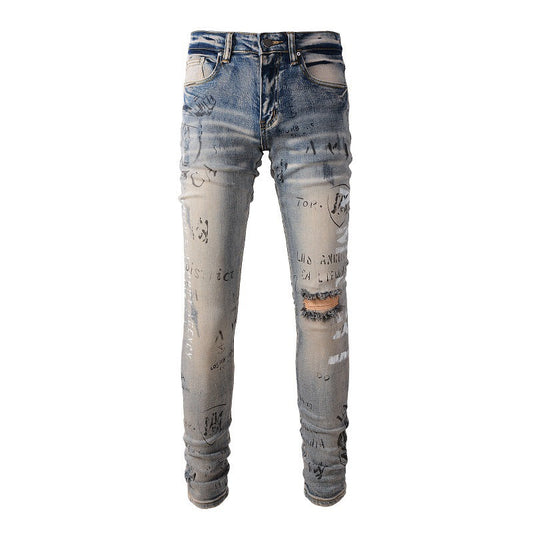 869 Street Spray Paint Colorful Letter Denim Cotton Youth Slim Jeans