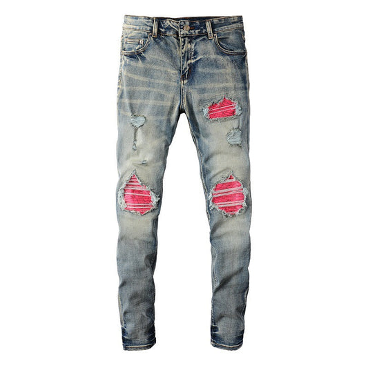 6806 High Street Ripped Patch Jeans Vintage Men's Elastic Slim High Street Jeans