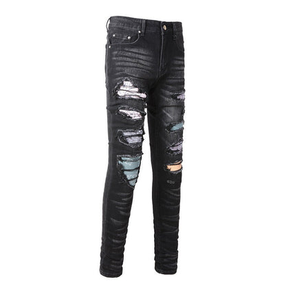 High Street Jeans Men's Ripped Colorful Patch Beggar Knee Jeans #1334