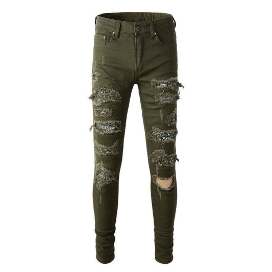 High Street Army Green Ripped Patch Jeans Elastic Slim #851