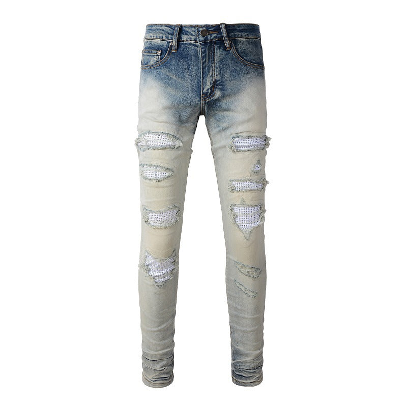Street Casual Ripped Patch Diamond Slimming Small Foot Jeans #1339