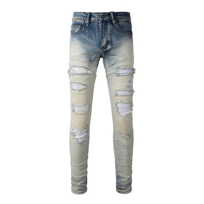 Street Casual Ripped Patch Diamond Slimming Small Foot Jeans #1339