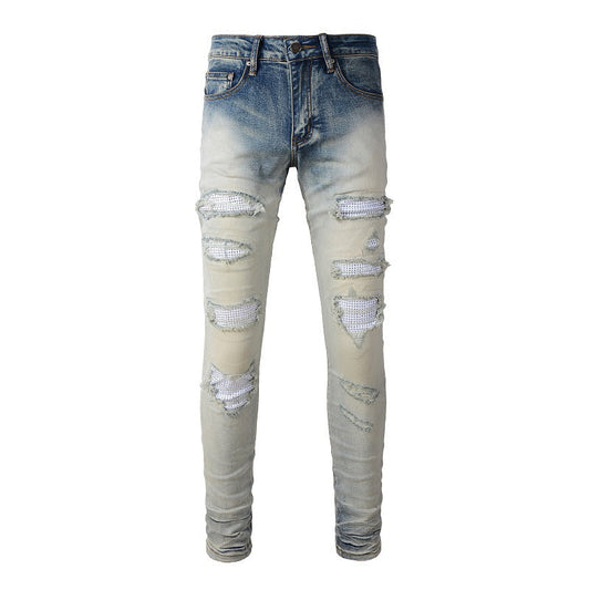 Street Casual Ripped Patch Diamond Slimming Small Foot Jeans #1339
