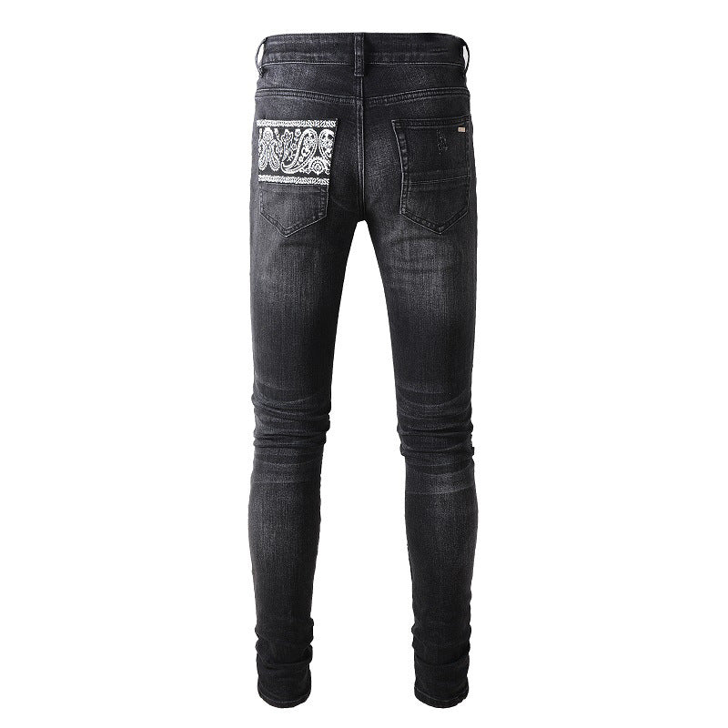High Street Ripped Patch Jeans Pattern Patch Elastic Slim Pants #864