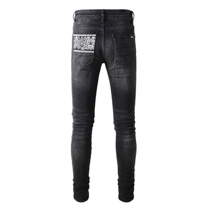 High Street Ripped Patch Jeans Pattern Patch Elastic Slim Pants #864