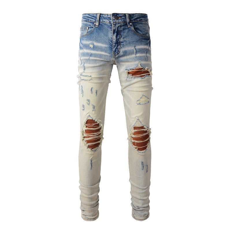 887 Street Ripped Patch Jeans High Street Slim fit Pants Jeans
