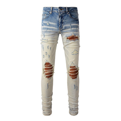 887 Street Ripped Patch Jeans High Street Slim fit Pants Jeans