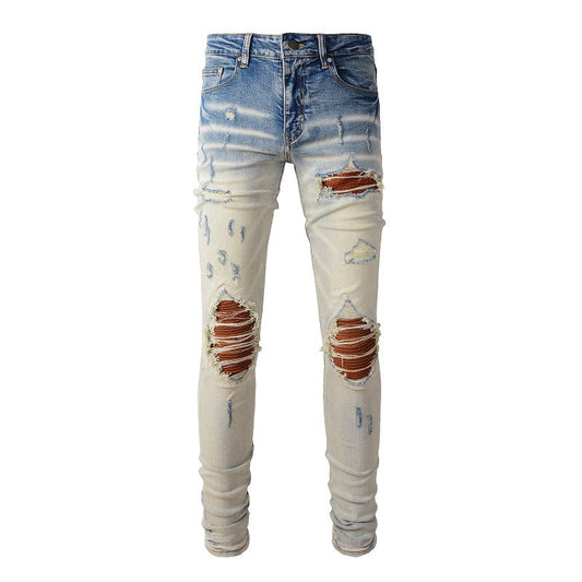 887 Street Ripped Patch Jeans High Street Slim fit Pants Jeans