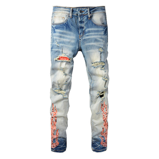 Street Ripped Patch Jeans High Street Men's Printed Slim fitting Pants #836