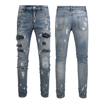 Vaqueros negros de corte ajustado para hombre con diseño de pintura y efecto desgastado de patchwork 6626