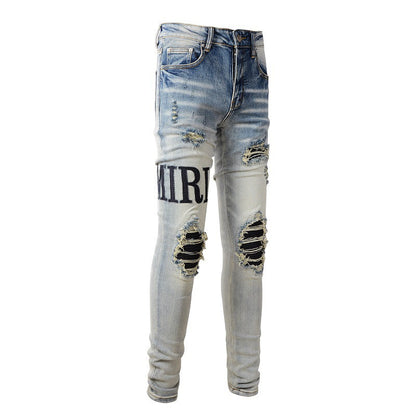 High Street Jeans Pantalon slim et fin pour homme avec patch déchiré 866