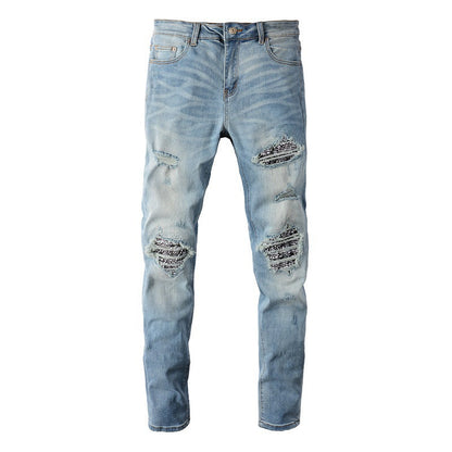 6665 High Street Ripped Patch Jeans Rétro Homme Élastique Slim High Street Jeans 