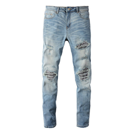 6665 High Street Ripped Patch Jeans Retro Men's Elastic Slim High Street Jeans