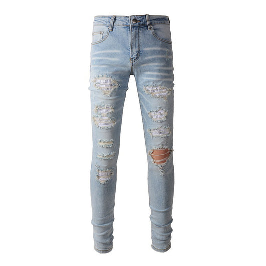 High Street Denim Casual Trousers Micro elastic Cotton Youth Blue Ripped Skinny Jeans 6808