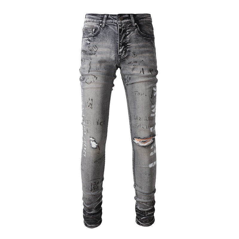 Street Denim Ripped Micro elastic Cotton Youth Gray Paint splashed Slim Jeans 879