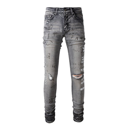 Street Denim Ripped Micro elastic Cotton Youth Gray Paint splashed Slim Jeans 879