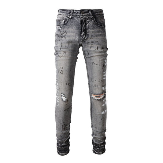 Street Denim Ripped Micro elastic Cotton Youth Gray Paint splashed Slim Jeans 879