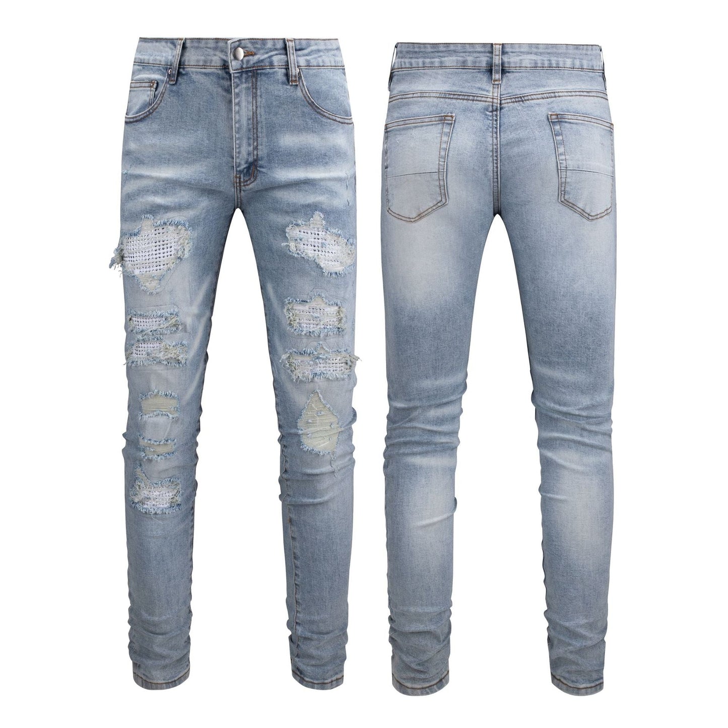 Vaqueros blancos de corte ajustado para hombre con parches de diamantes de imitación y diseño desgastado 808