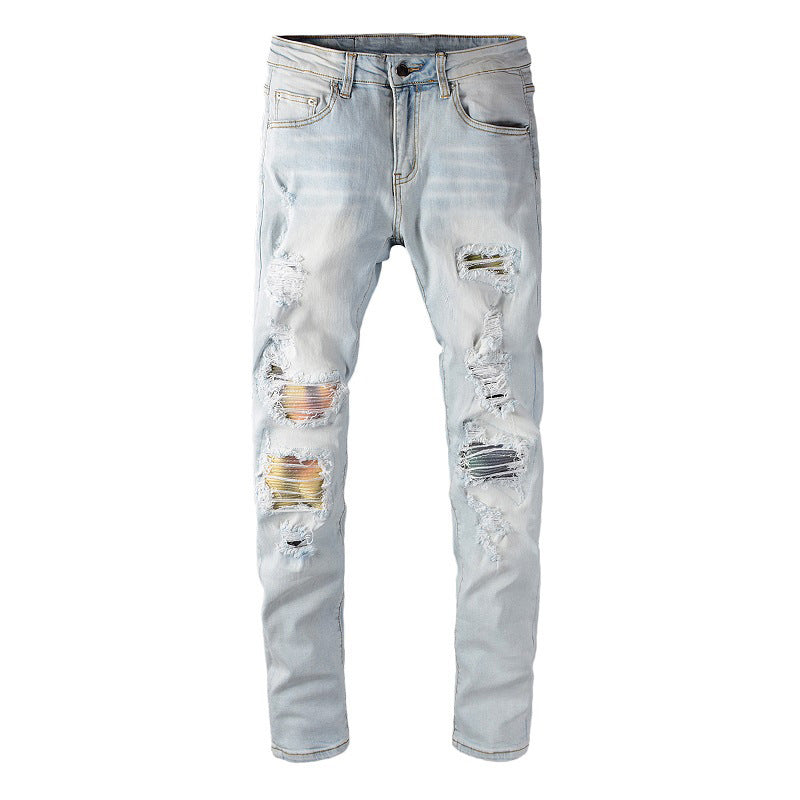 Jeans de calle ajustados elásticos con efecto tie dye y parches rotos de color diamante 637 