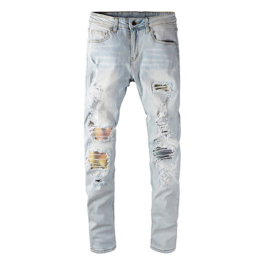 Ripped Patch Jeans Color Diamond Tie Dye Elastic Slim High Street Jeans 637