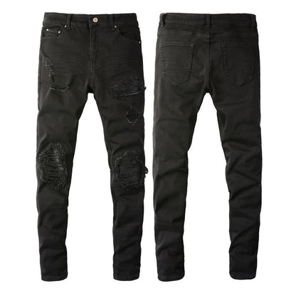 Jean slim noir pour homme avec grandes déchirures au genou et motif patchwork 602