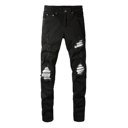 High Street Ripped Silver Patch Elastic Slim High Street Small Foot Jeans (877-8837)
