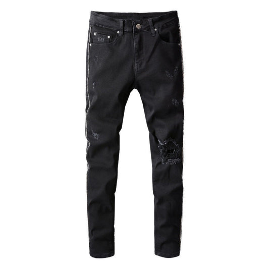 801 High Street Ripped Jeans Patch Embroidery Beggar Slim Pants Trend