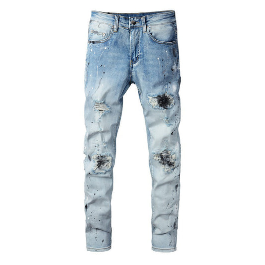 820 Denim Micro elastic Cotton Youth Light Blue Paint Ripped Patch Jeans