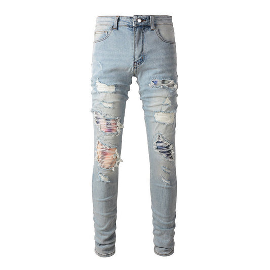 6637 High Street Hole Gradual Change Color Patch Jeans Retro Men Elastic Slim High Street Jeans